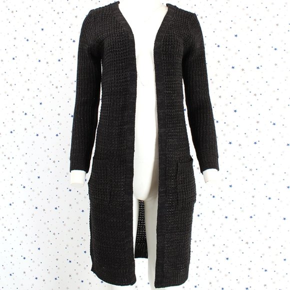 Black Charcoal Waffle Knit Duster Long Sweater Cardigan - Picture 2 of 7